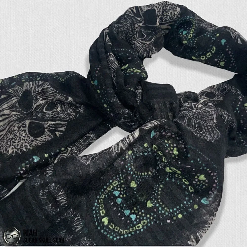 LIGHTWEIGHT GAUZY SUGAR SKULL PRINT SCARF WRAP SHAWL IN BLACK HALLOWEEN MUERTOS
